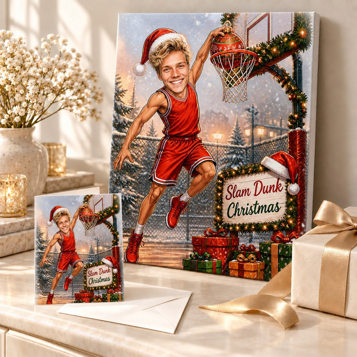 Canvas and greeting card of basketball Christmas caricature beside wrapped holiday gifts.