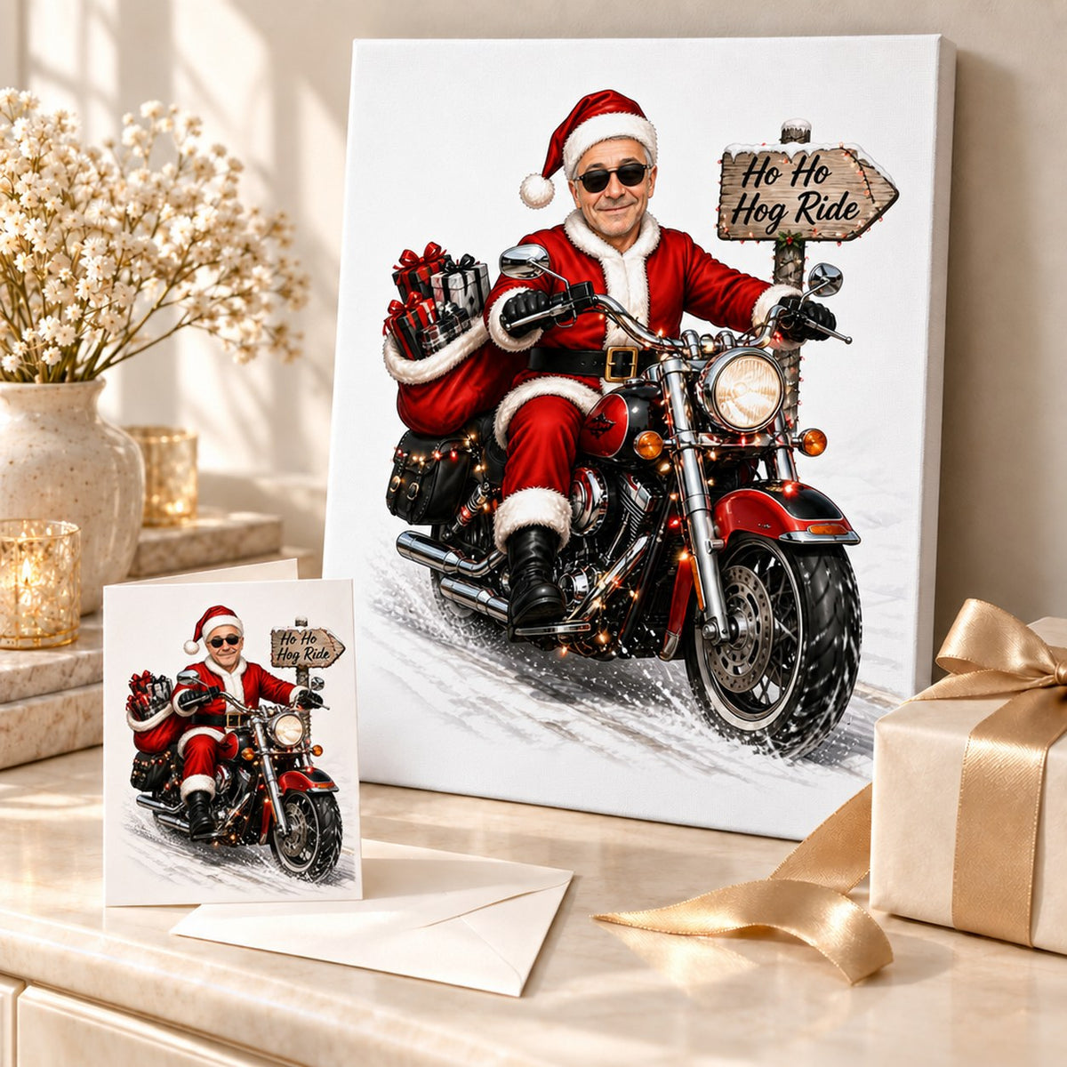 Biker Santa caricature on canvas and 5x7 card, presented as a festive Christmas gift.