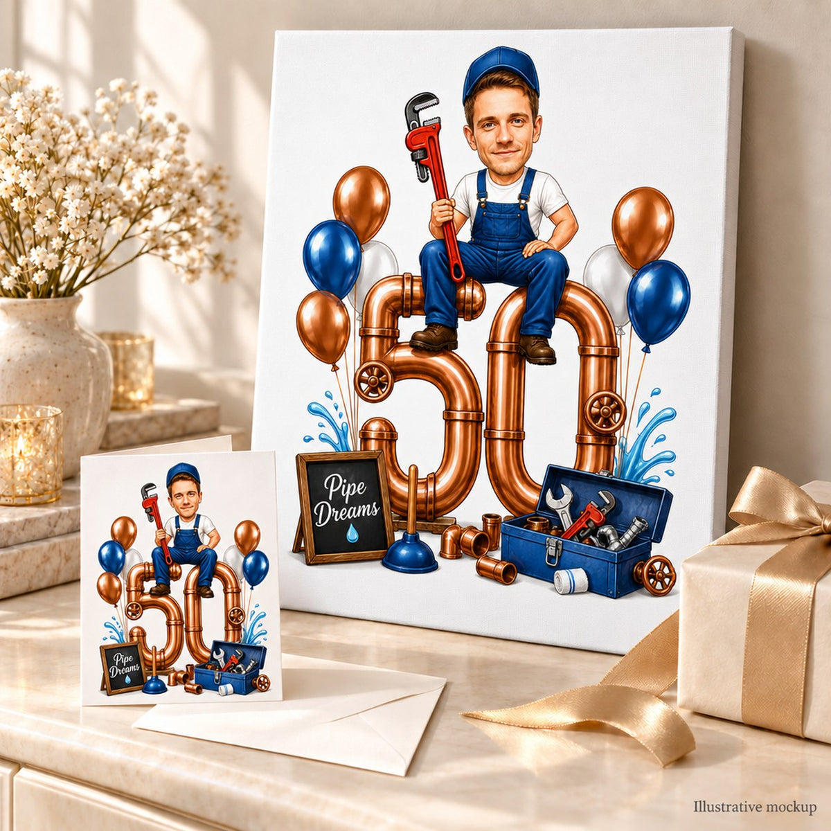 Stretched canvas and greeting card of custom plumber caricature in gift scene