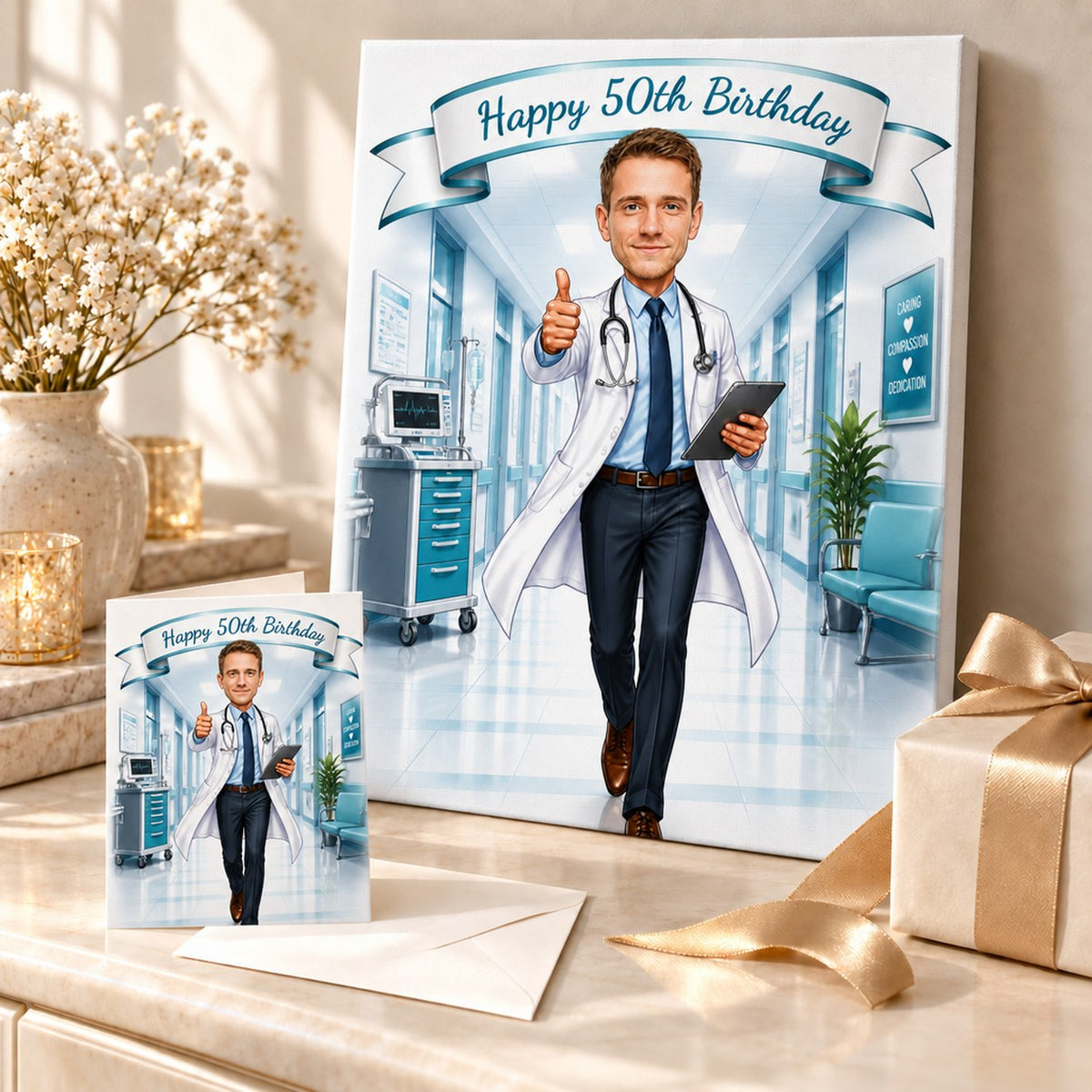 Doctor caricature on stretched canvas and 5x7 card presented as a birthday gift display