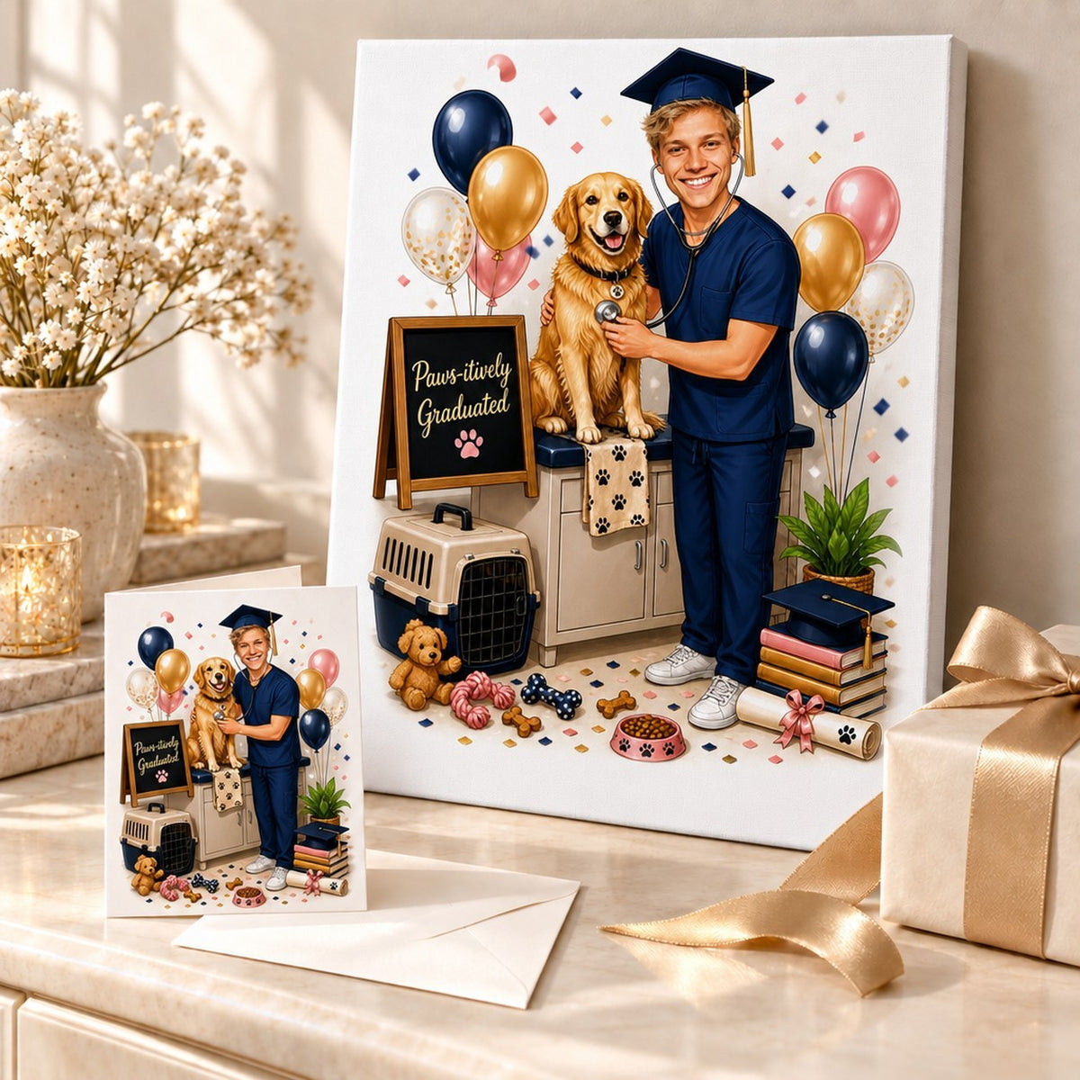 Veterinary graduation caricature printed on canvas and greeting card beside ribboned gift box.