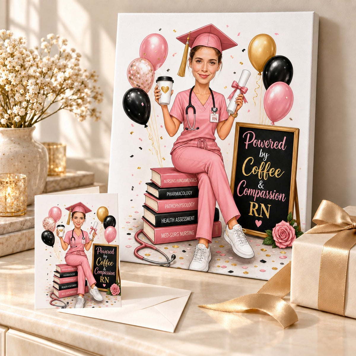 Canvas and greeting card of nurse graduation caricature shown in a celebratory gift scene.