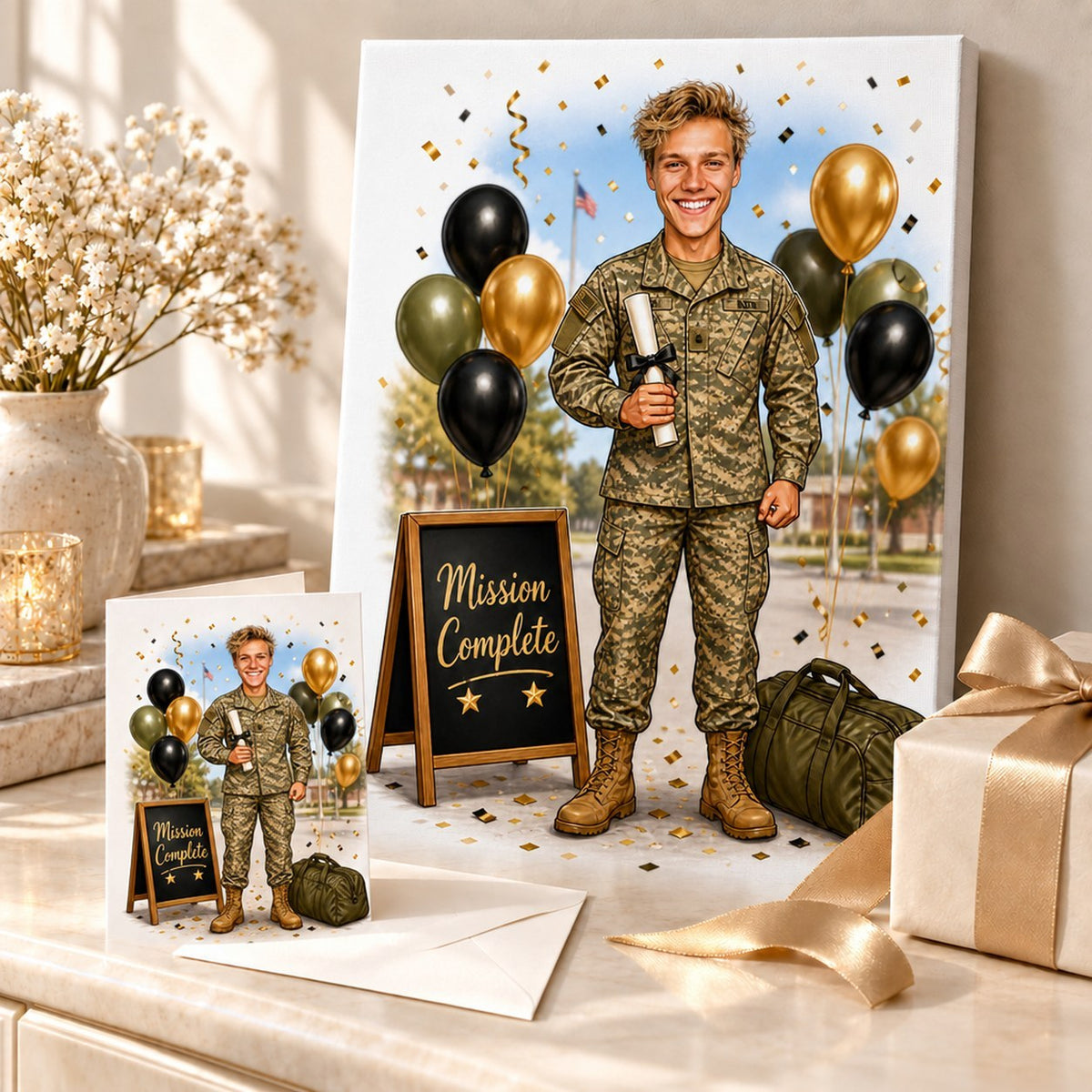 Canvas and 5x7 greeting card of military graduation caricature with confetti and ribbon.