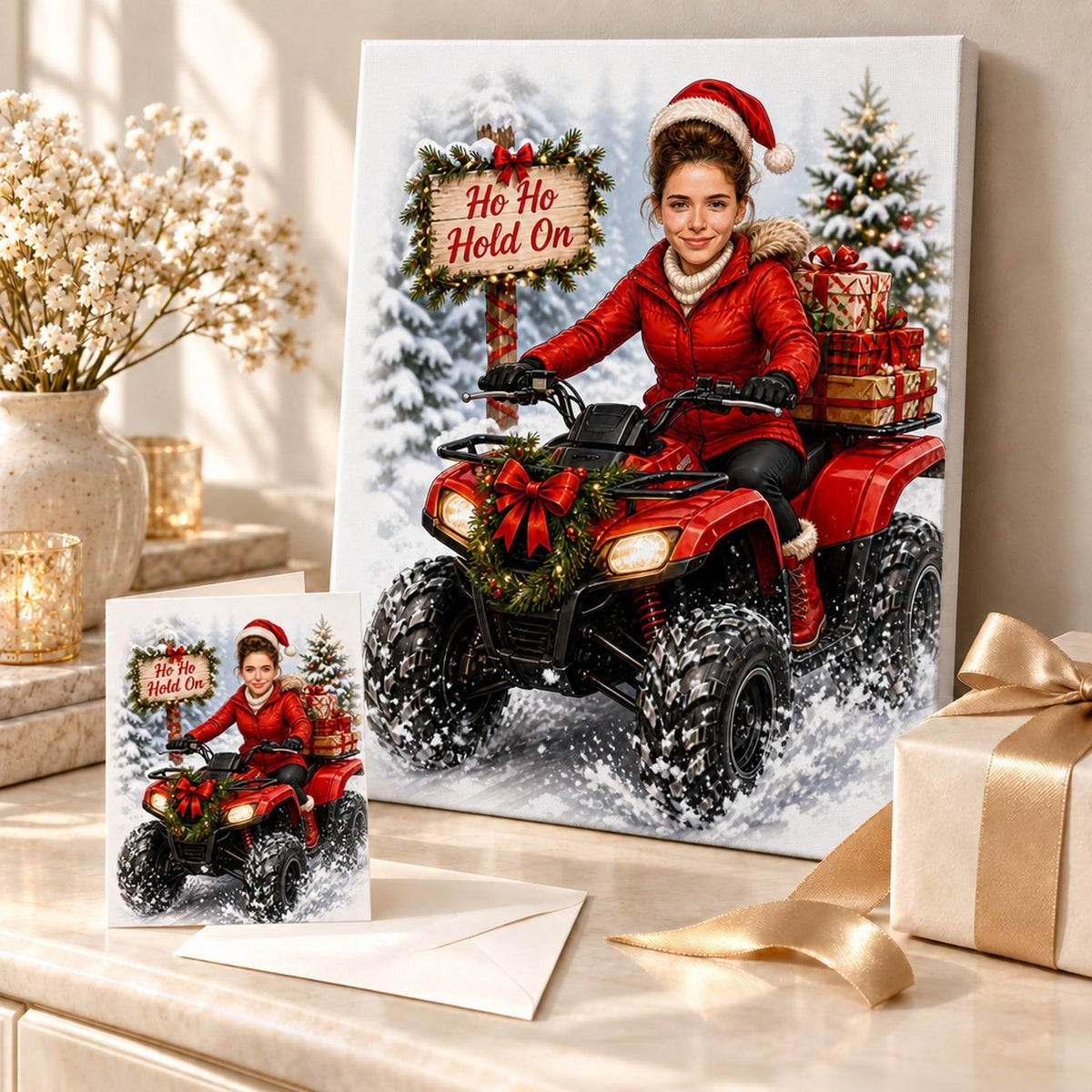Canvas and greeting card featuring custom quad bike Christmas caricature, ready for gifting.
