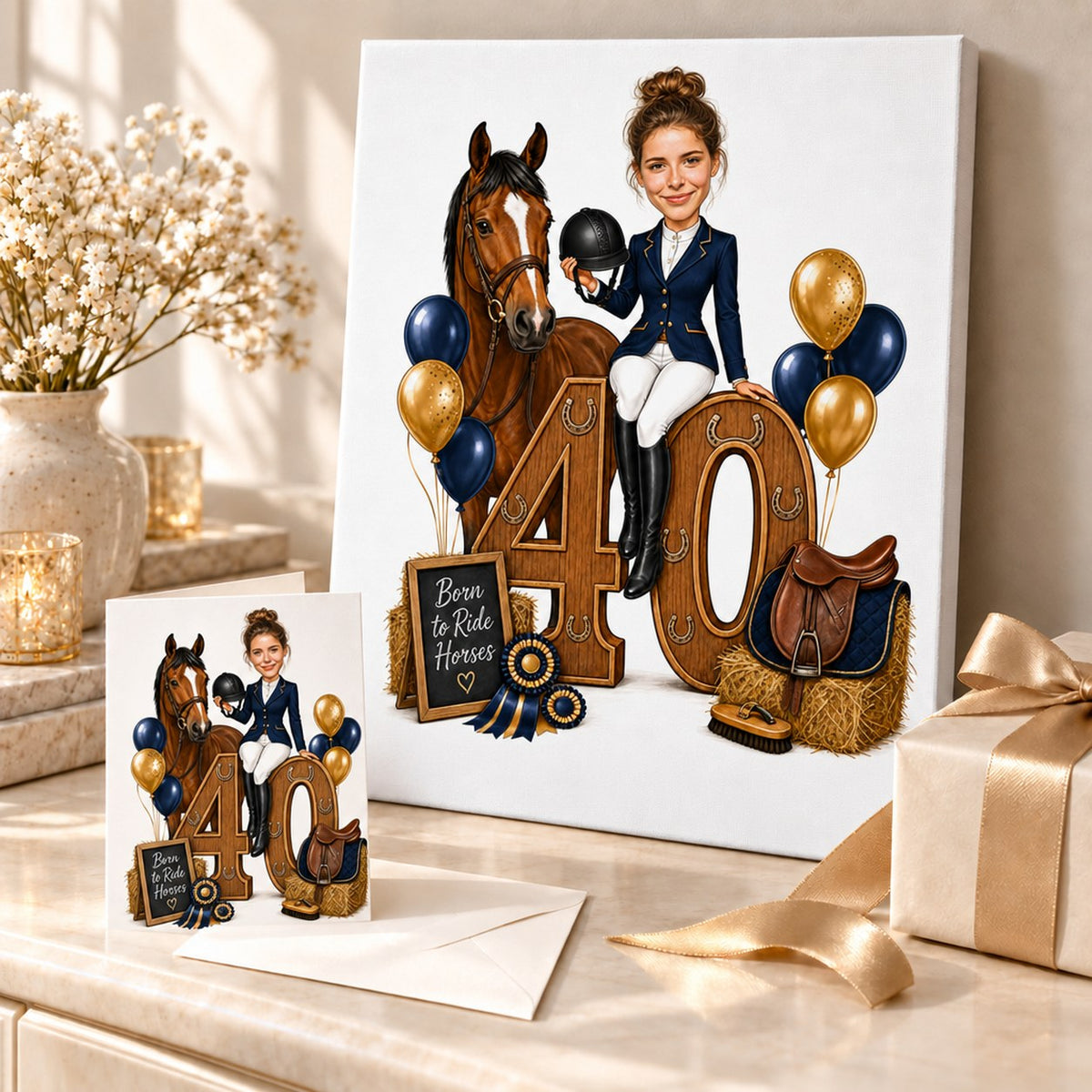 Equestrian birthday caricature shown on canvas and 5x7 card in gift scene.