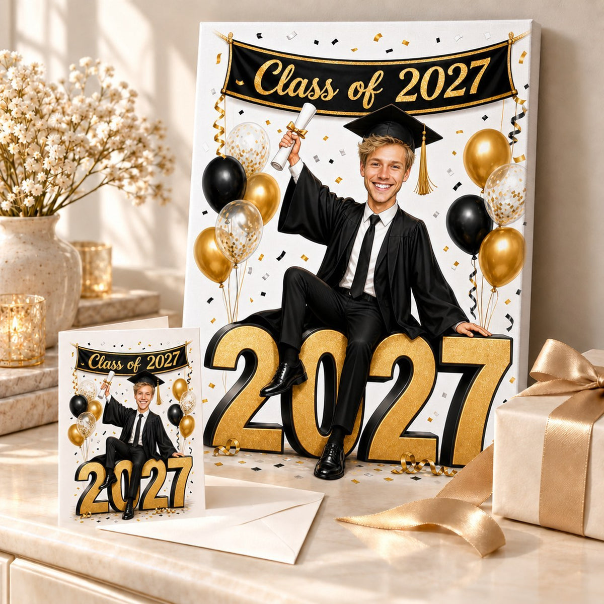 Graduation caricature canvas and card styled with balloons, confetti, and ribbon.