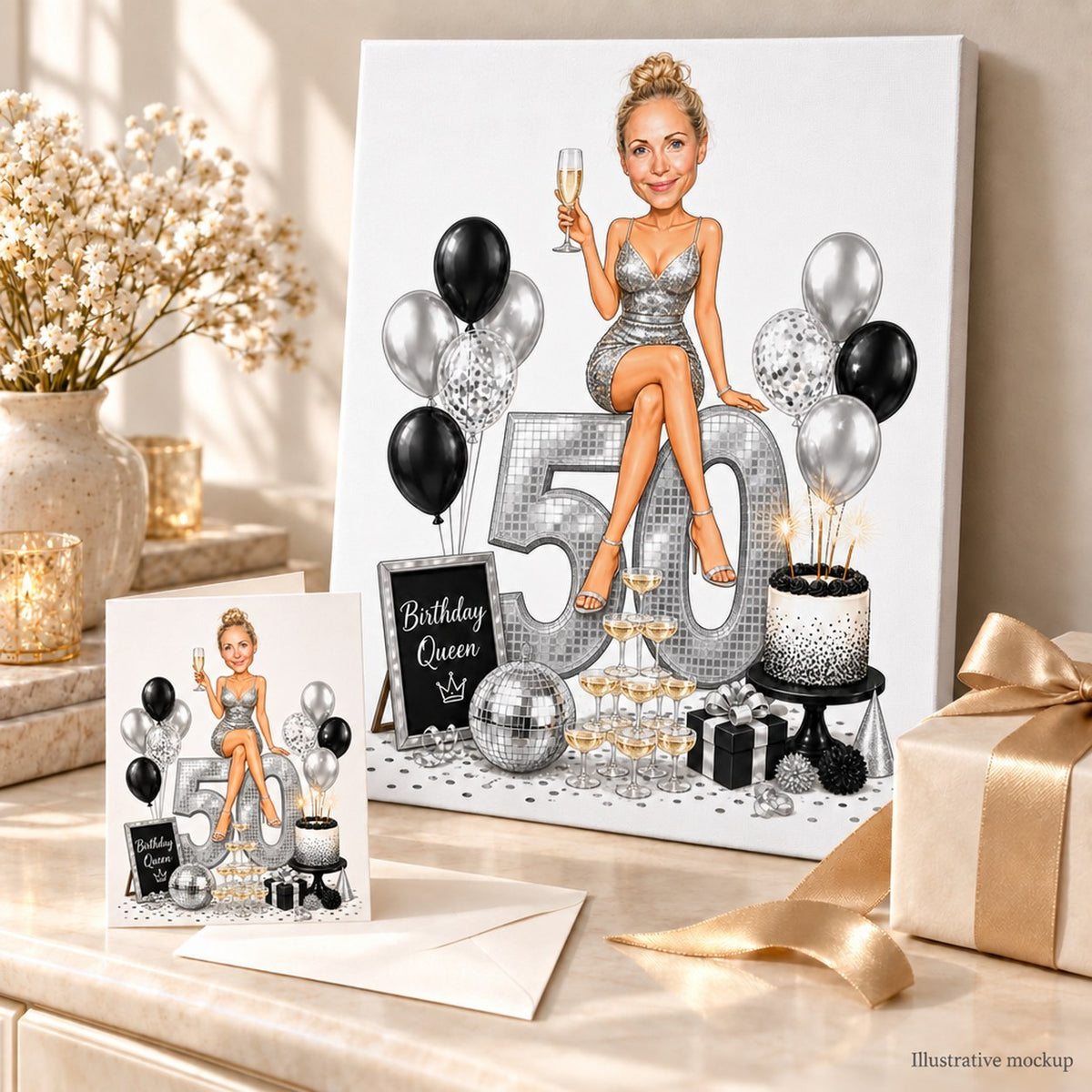 Birthday Queen caricature on canvas and card beside wrapped presents.