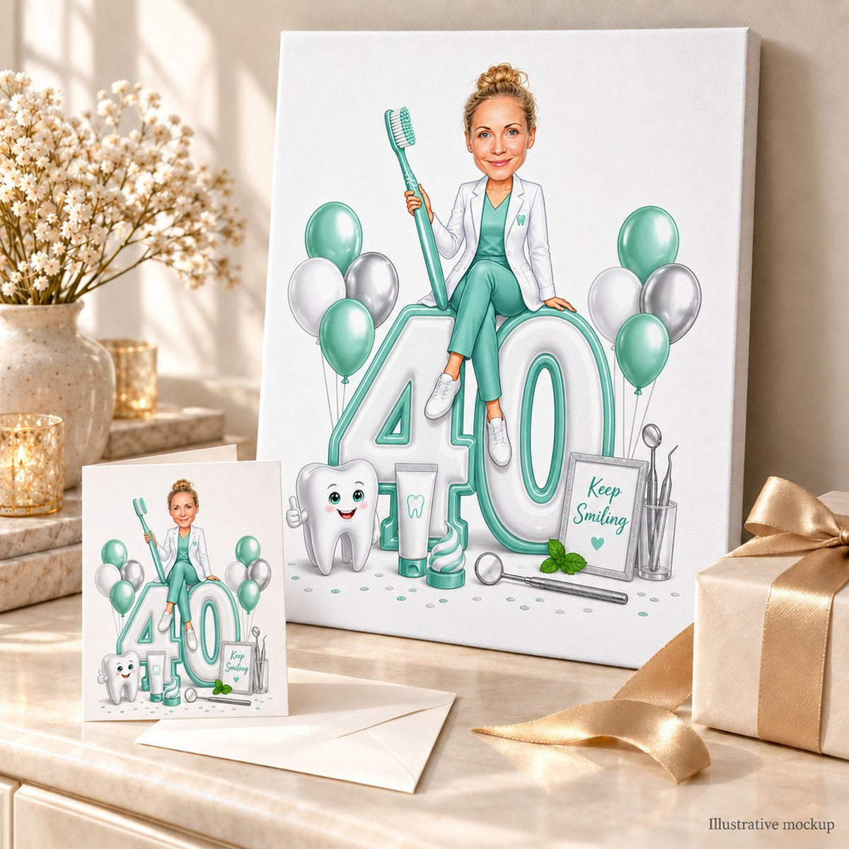Caricature on canvas and 5x7 card, styled as a ready-to-gift birthday present.