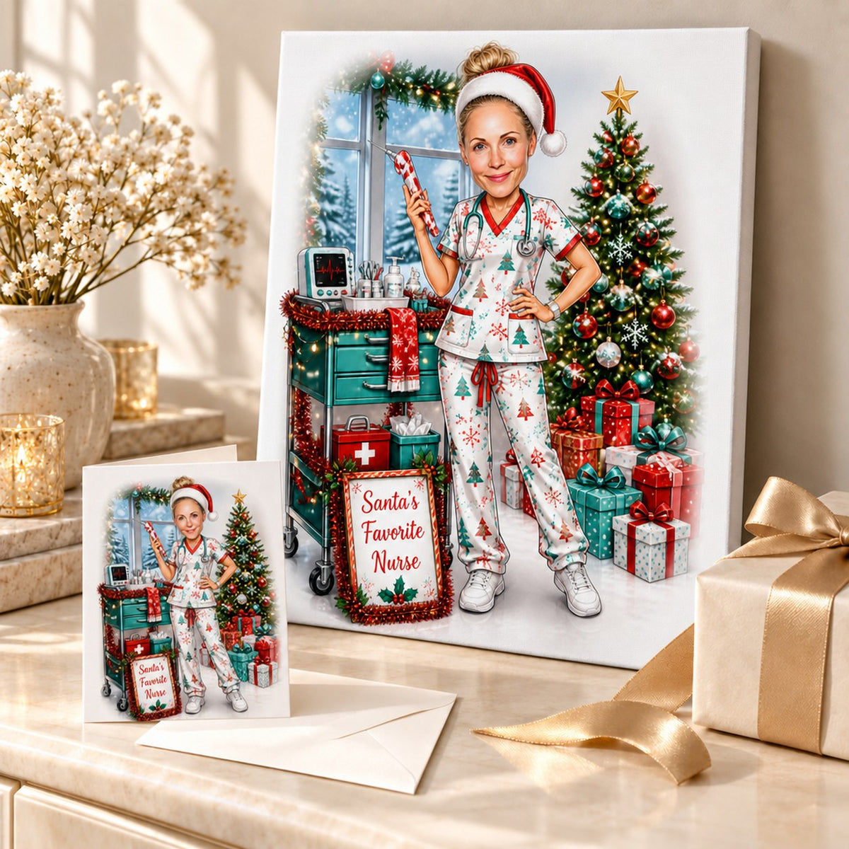 Stretched canvas and 5x7 card of custom Christmas nurse caricature with holiday ribbons.