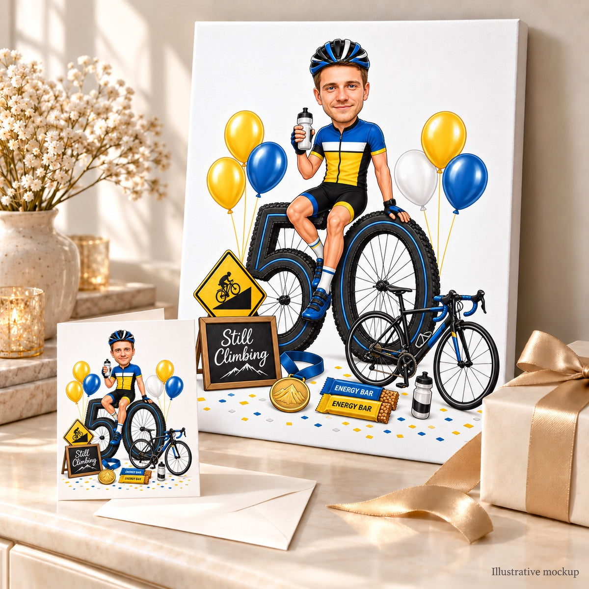 Cycling birthday caricature on canvas and 5x7 card, ready to gift to him.