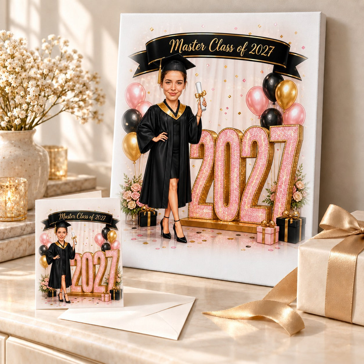 Graduation caricature canvas and card displayed with wrapped gifts and balloons