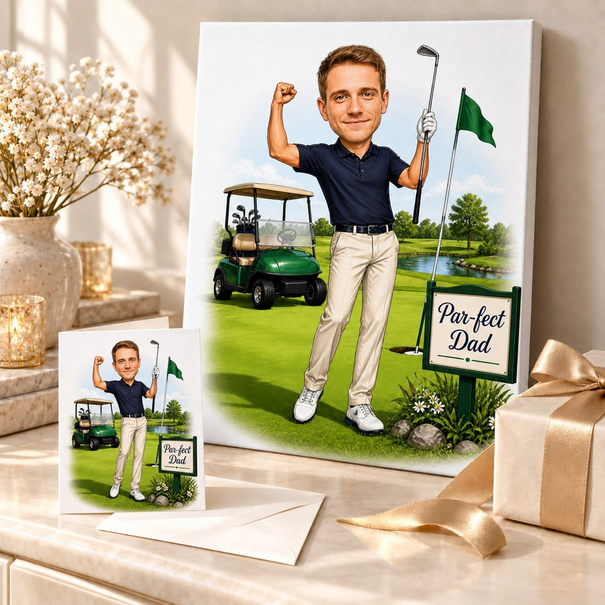Canvas and 5x7 card of custom golf dad caricature displayed in a Father’s Day gift scene.