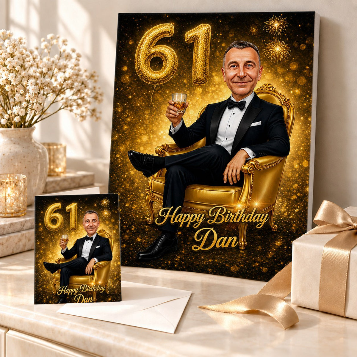 Birthday caricature on canvas and greeting card arranged with ribbon and confetti.