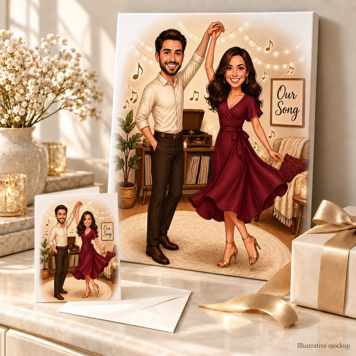 Canvas and greeting card of dancing couple caricature in cozy romantic gift scene