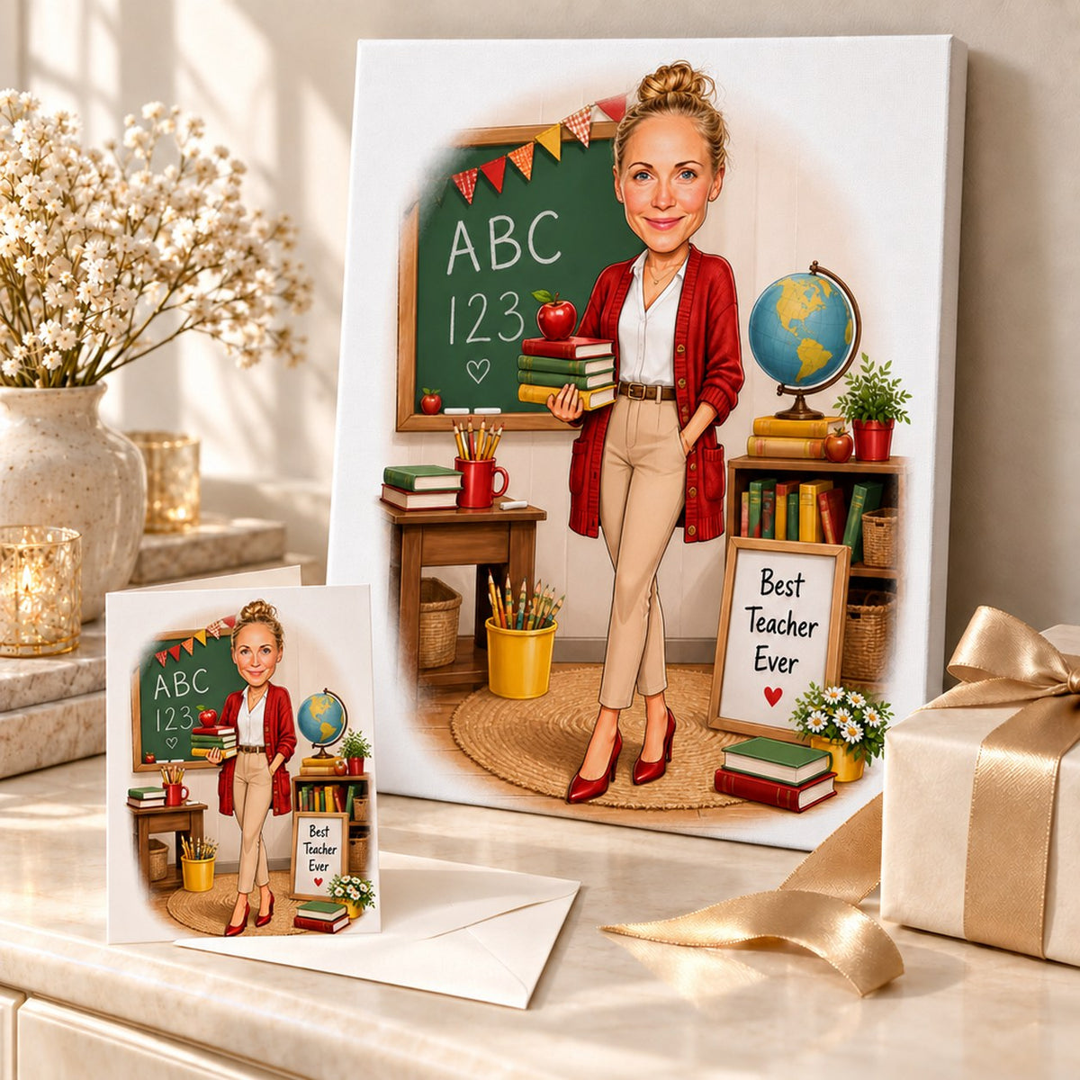 Canvas and greeting card of custom teacher caricature shown with gift wrap and flowers.