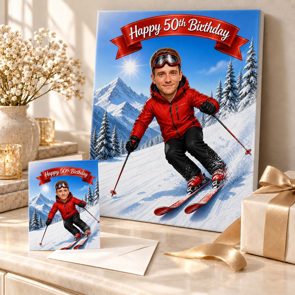 Ski caricature on stretched canvas and 5x7 greeting card in gift scene