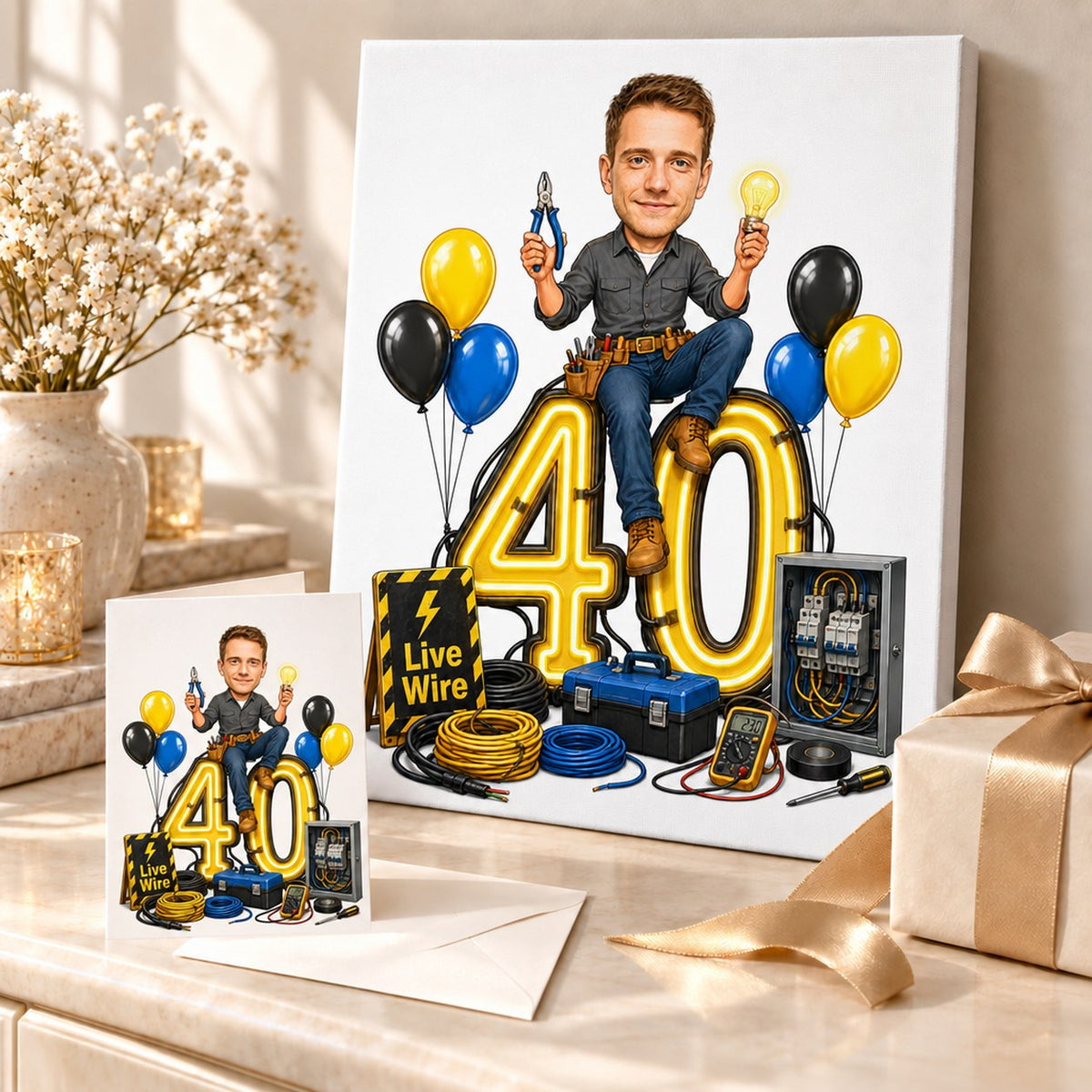 Stretched canvas and 5x7 card of electrician caricature arranged as a birthday gift.