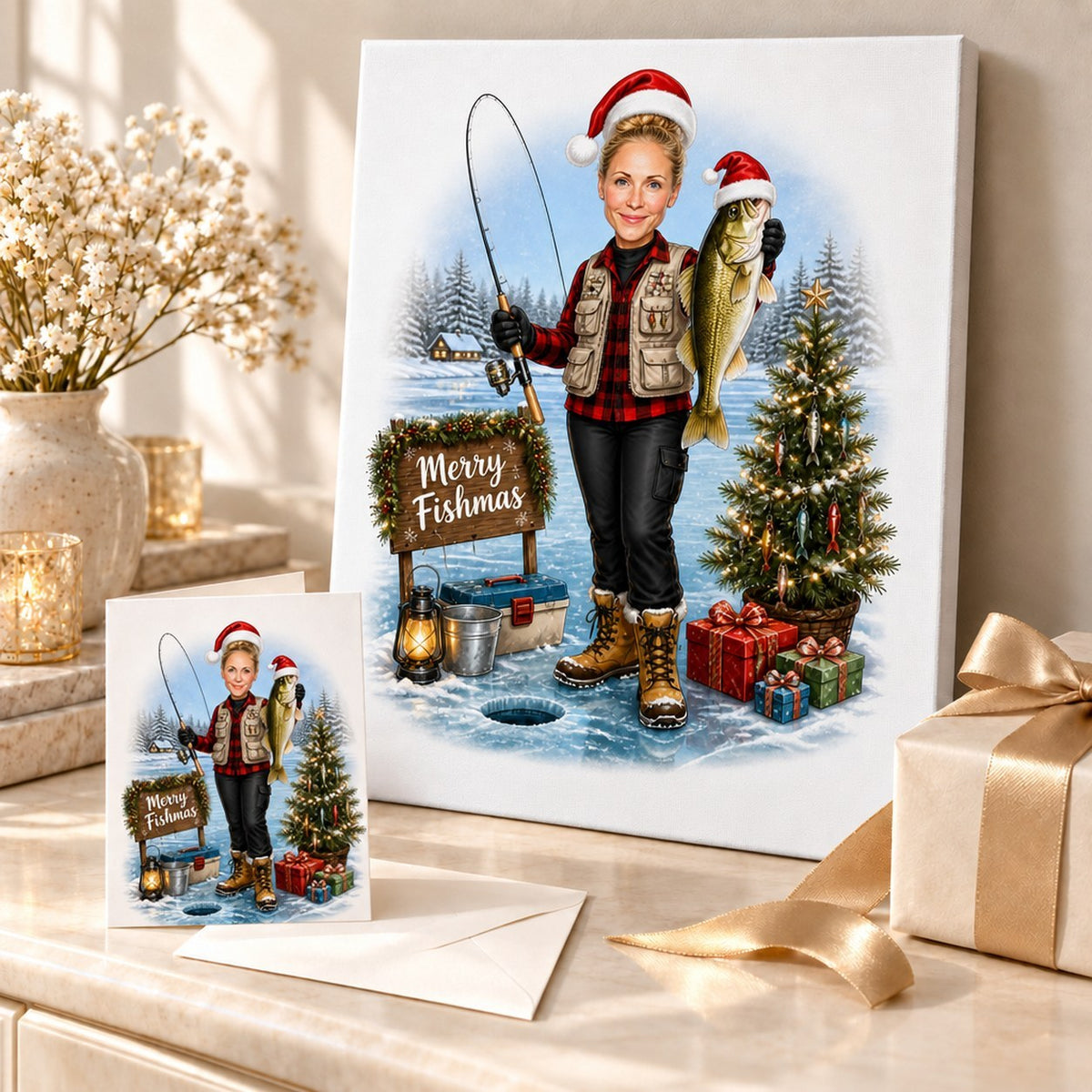 Canvas and 5x7 card of personalized fishing Christmas cartoon displayed with holiday gifts.