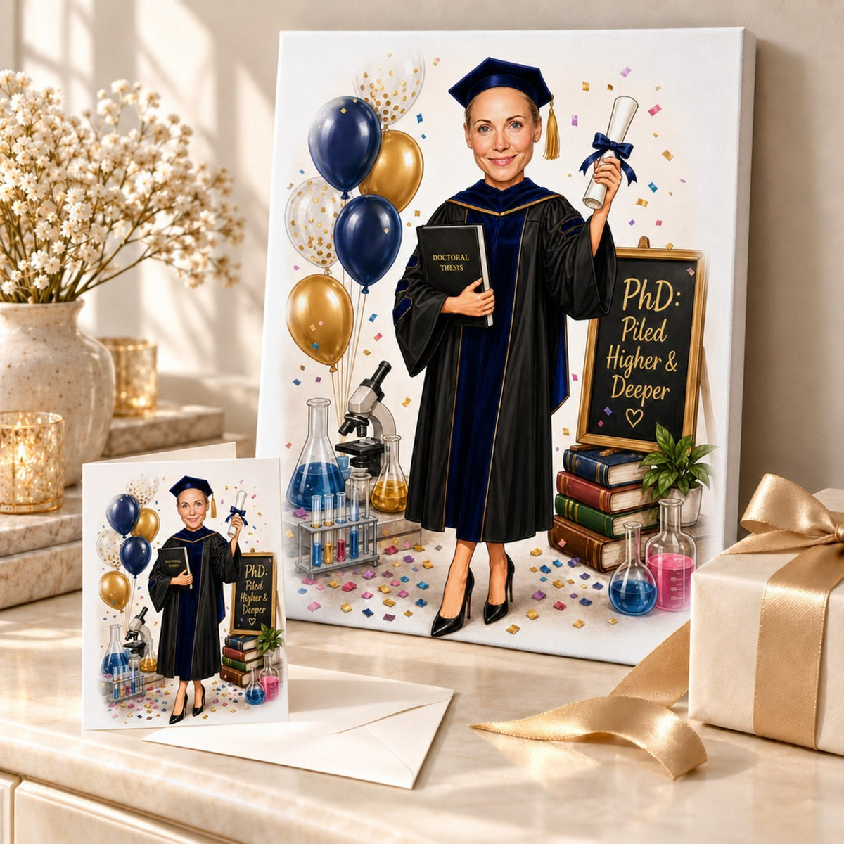 PhD graduation caricature printed on canvas and 5x7 card in a gift setup