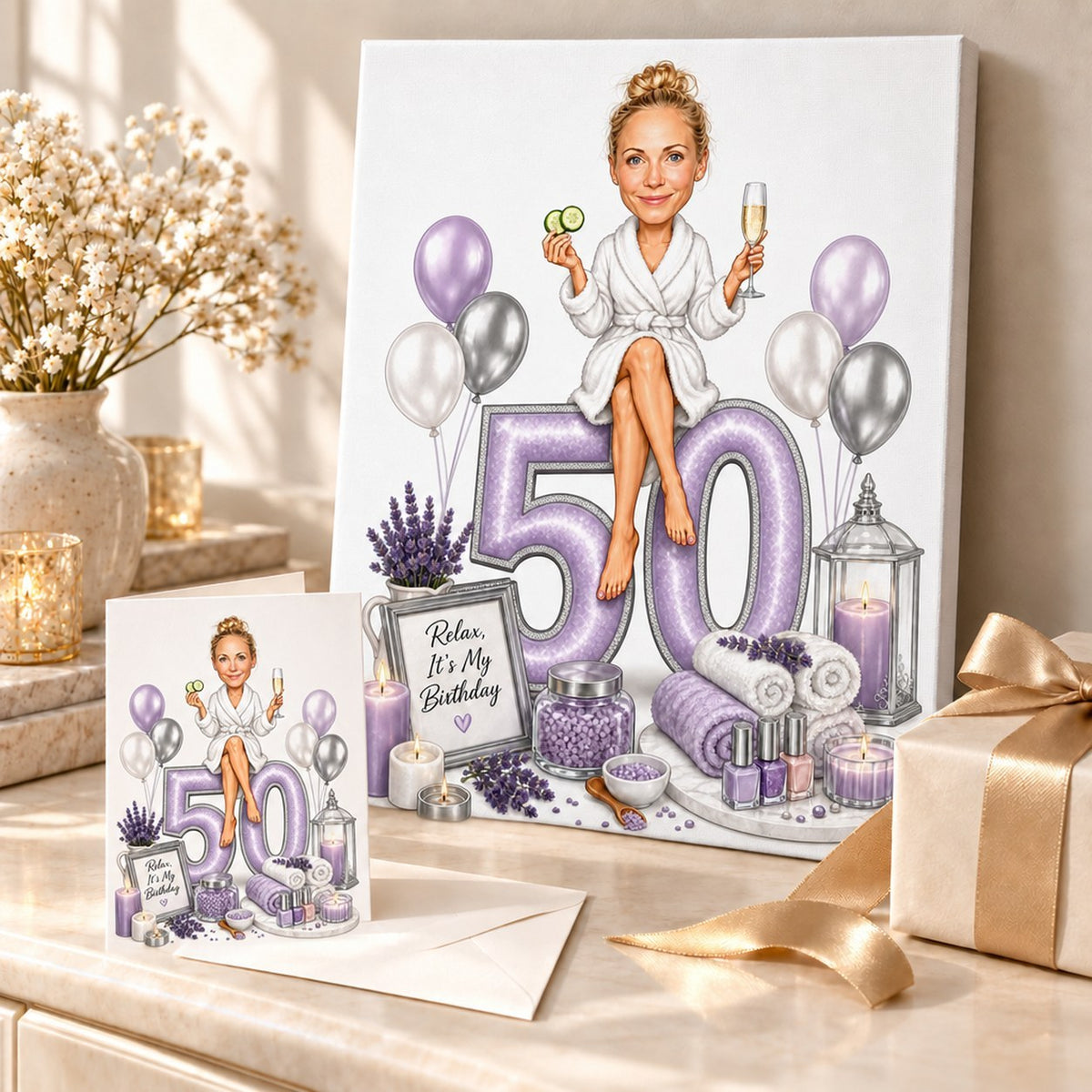 Spa birthday caricature on canvas and 5x7 card, styled as a gift scene.