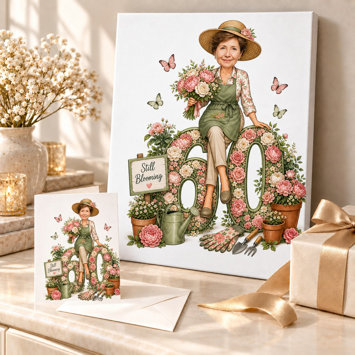 Canvas and greeting card of gardening caricature wrapped for gifting beside flowers.