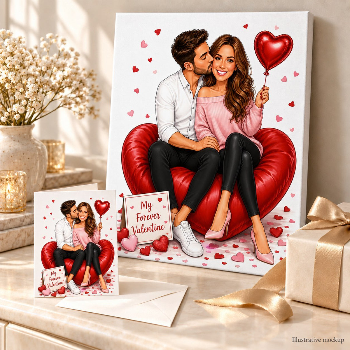 Canvas and greeting card showing the Valentine couple caricature in a gift scene.