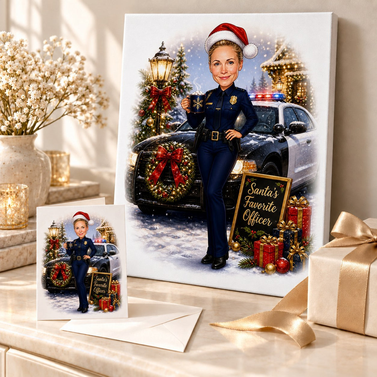 Police Christmas caricature on canvas and card beside wrapped gifts and holiday decor.