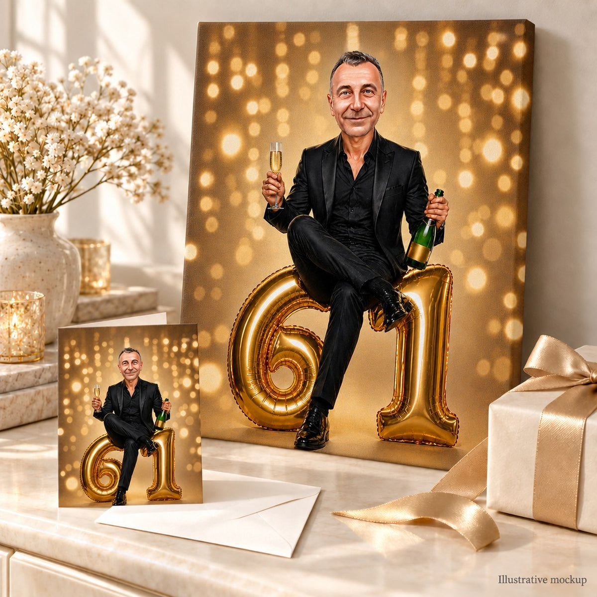 Champagne birthday caricature shown on stretched canvas and 5x7 greeting card with confetti.