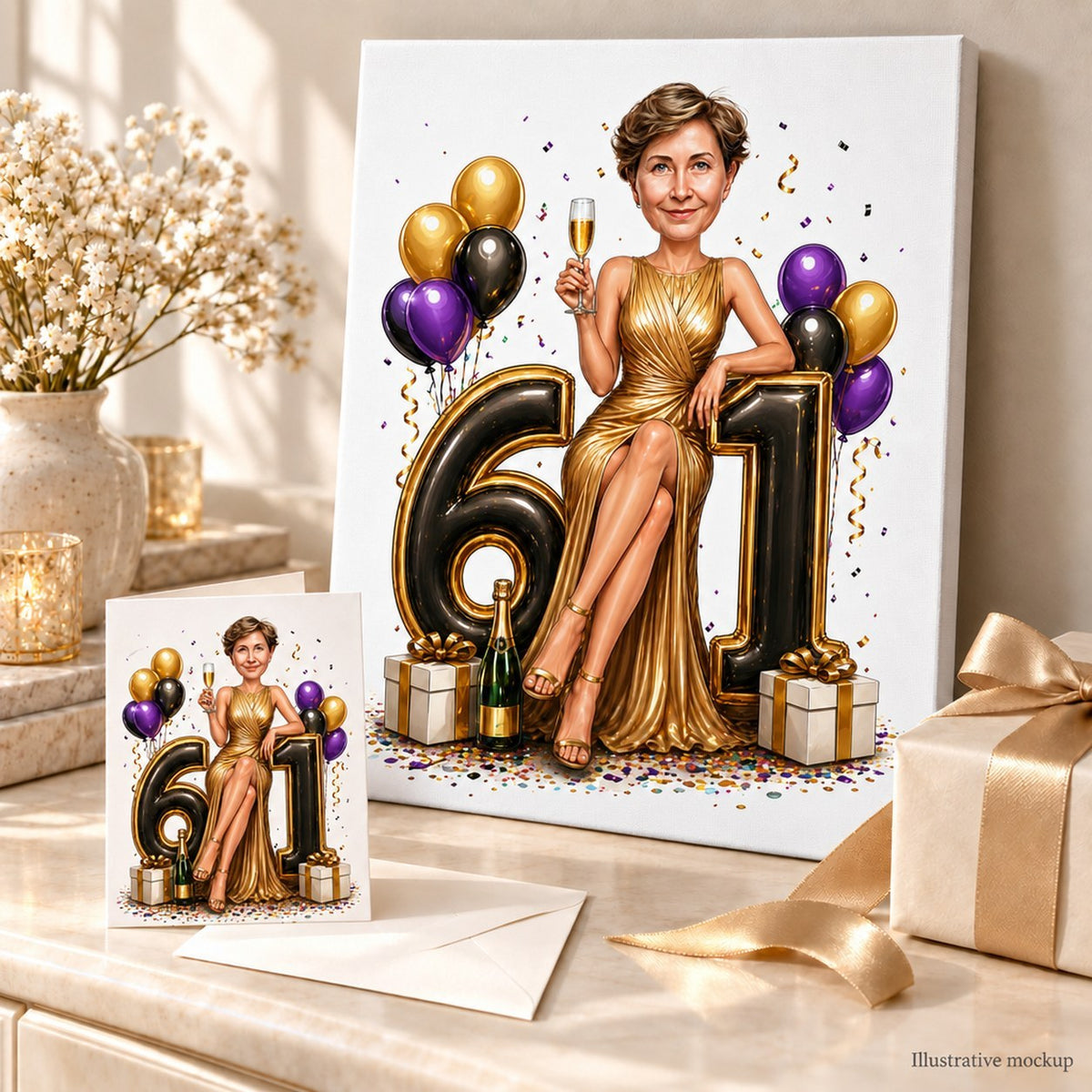 Gold and purple birthday caricature shown on canvas and greeting card with ribbons.