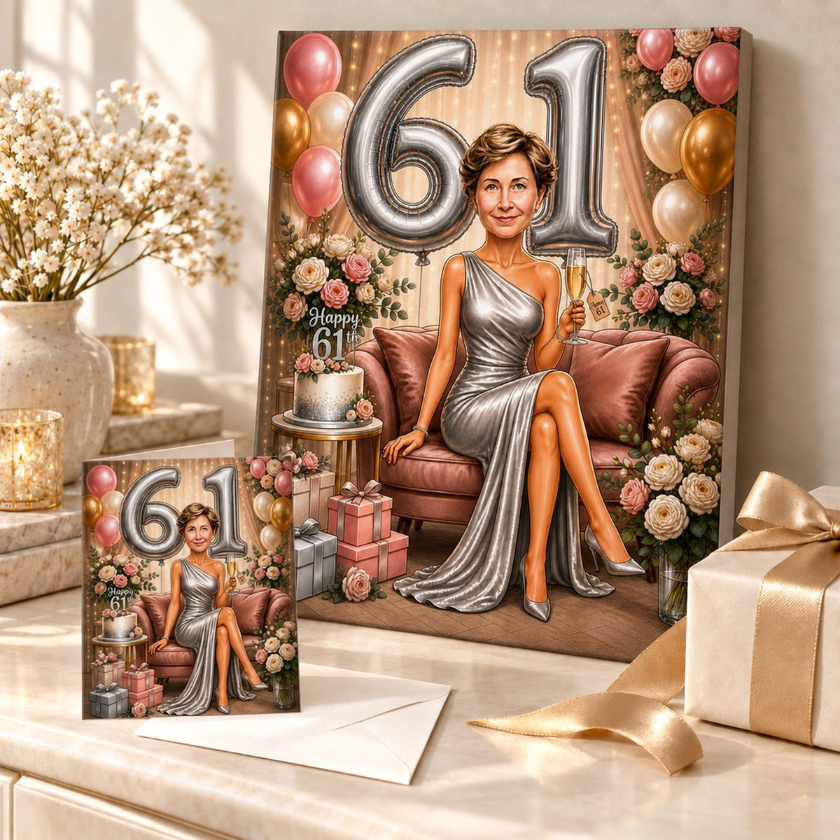 Pink sofa birthday caricature on canvas and card in a celebratory gift setup.