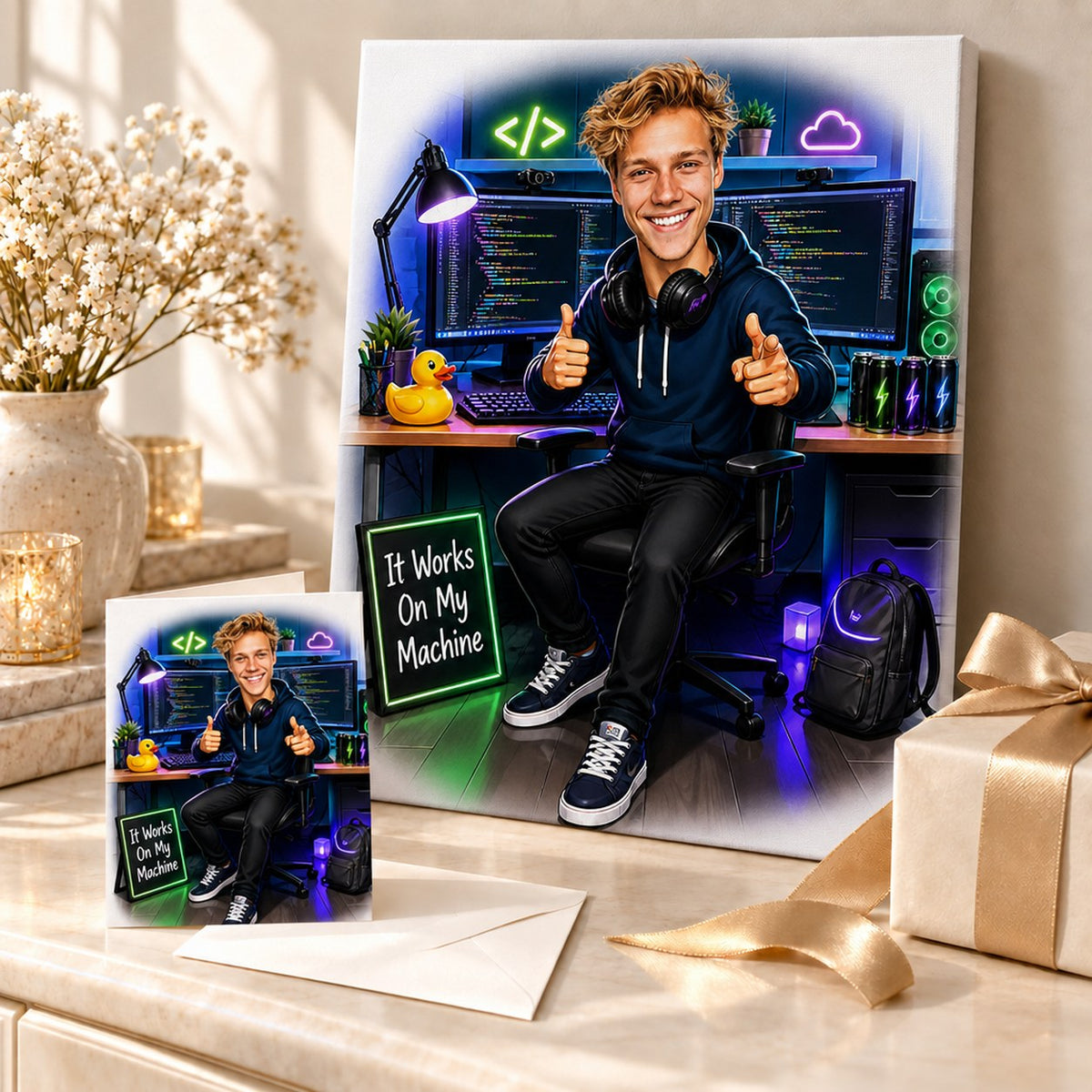 Canvas and greeting card of custom programmer caricature shown as a fun gift.