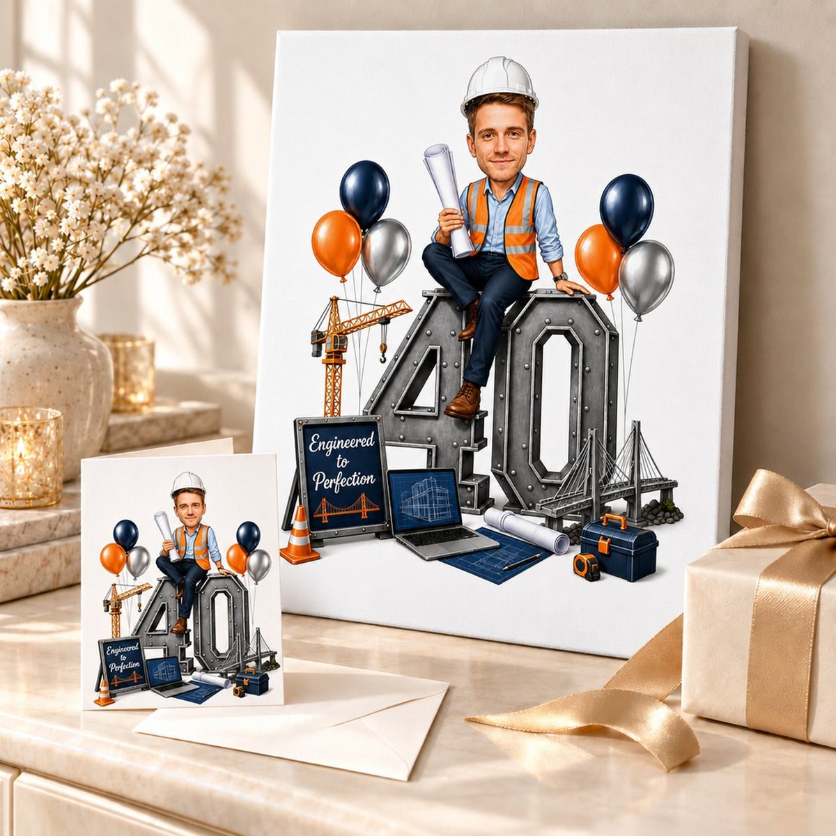 Canvas and card gift scene of engineer caricature with balloons, crane and bridge model.