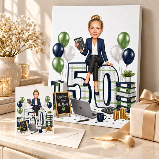 Canvas and 5x7 card of accountant caricature arranged with ribbon, balloons, and confetti.