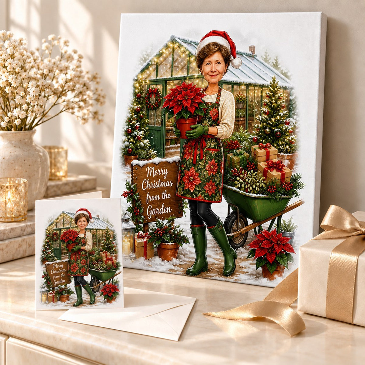 Canvas and 5x7 card of gardening Christmas caricature arranged with ribbon and ornaments.