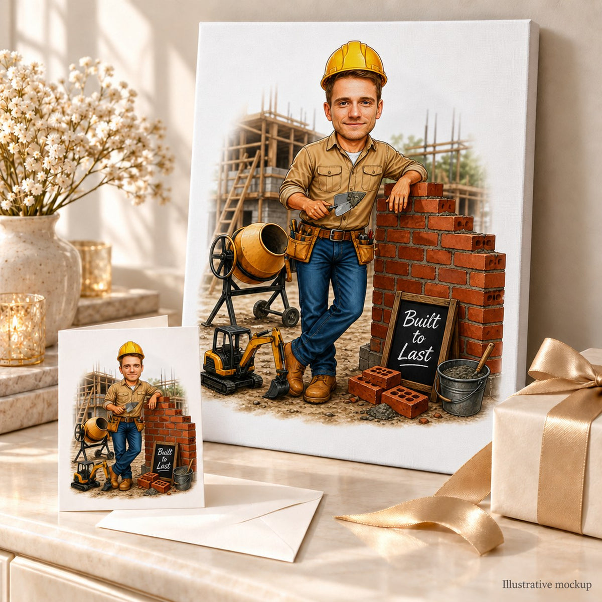 Stretched canvas and 5x7 greeting card of builder caricature in a festive gift setup.