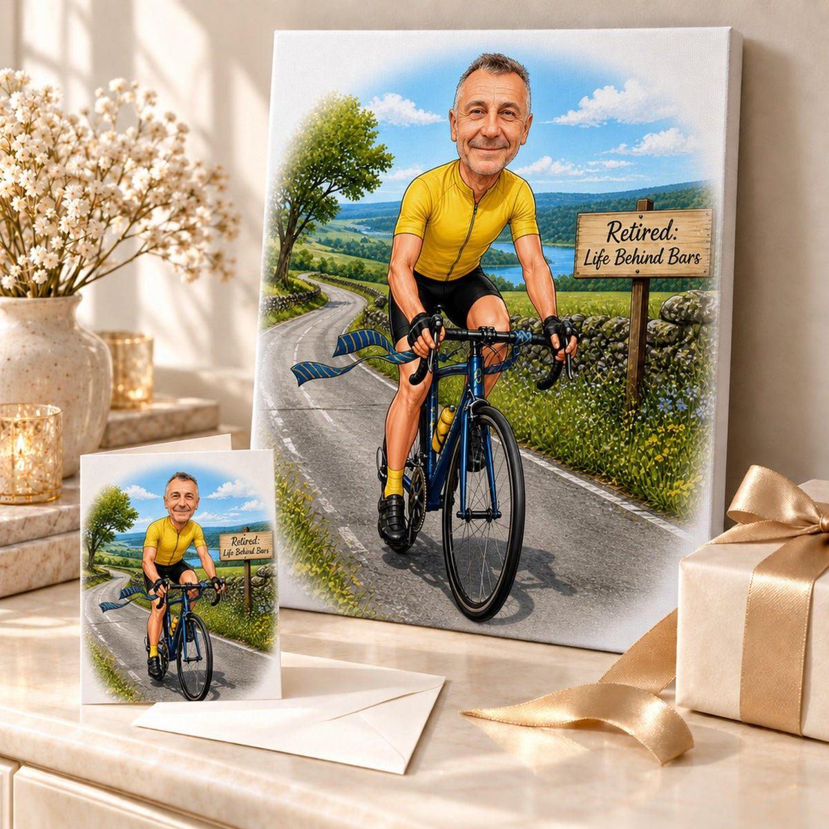 Retirement cycling caricature printed on stretched canvas and 5x7 greeting card, ready to gift.