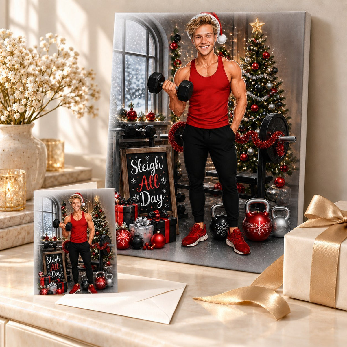 Gym Christmas caricature printed on canvas and 5x7 card beside wrapped holiday gifts and ornaments.