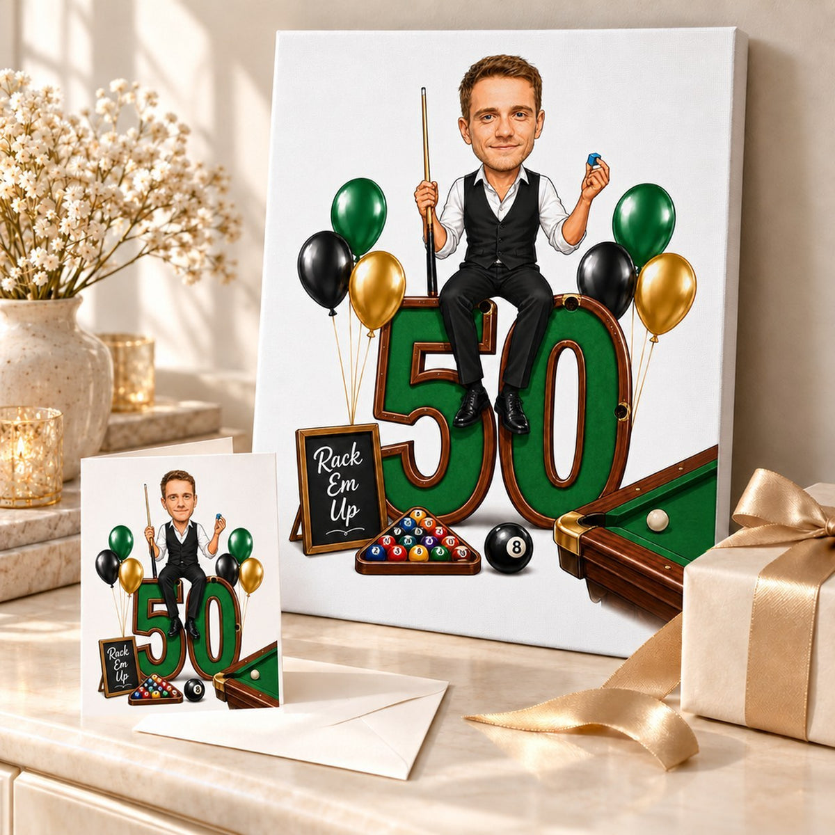 Canvas and greeting card of pool caricature arranged with ribbons and gift box.