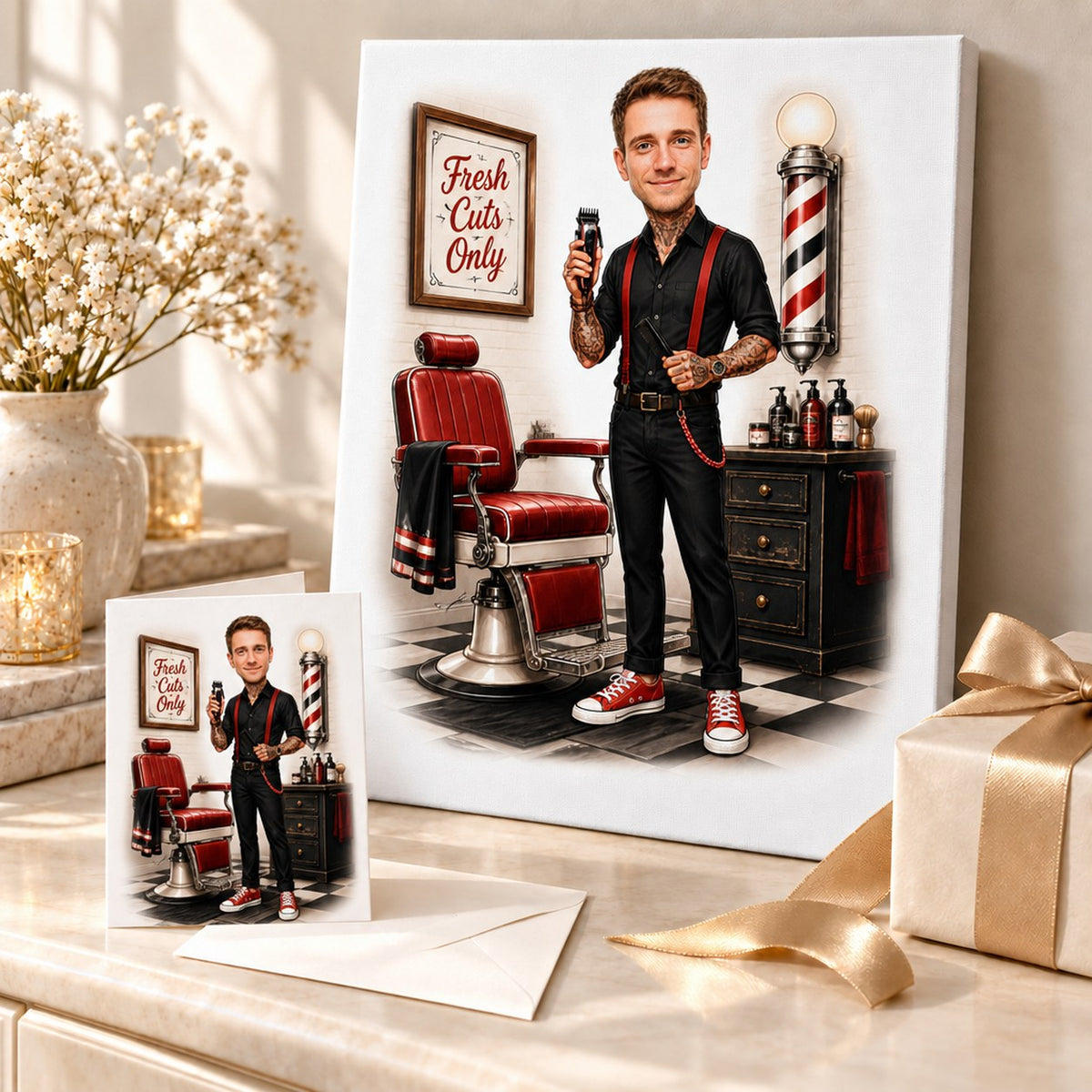 Barber cartoon printed on canvas and greeting card ready to gift