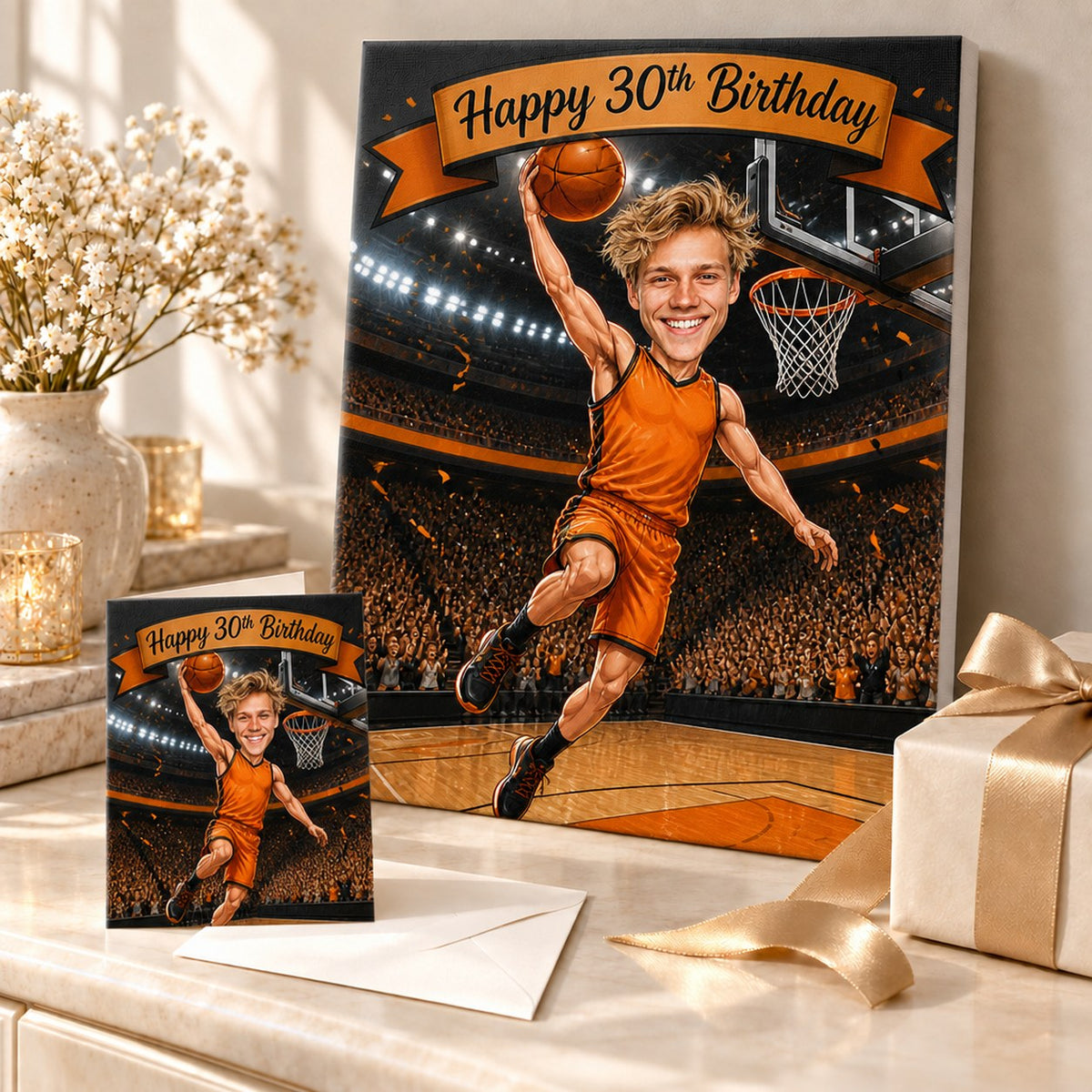 Stretched canvas and 5x7 greeting card with basketball caricature gift, confetti and ribbon.