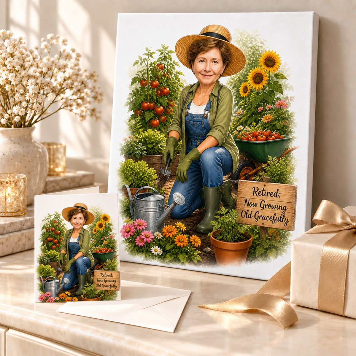 Canvas and 5x7 card of custom gardening retirement caricature displayed with ribbon and gift box