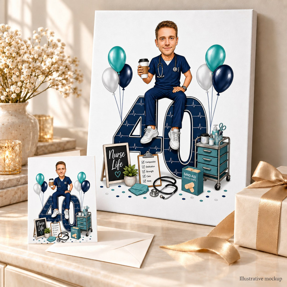 Nurse caricature on canvas and 5x7 card displayed in a birthday gift scene.