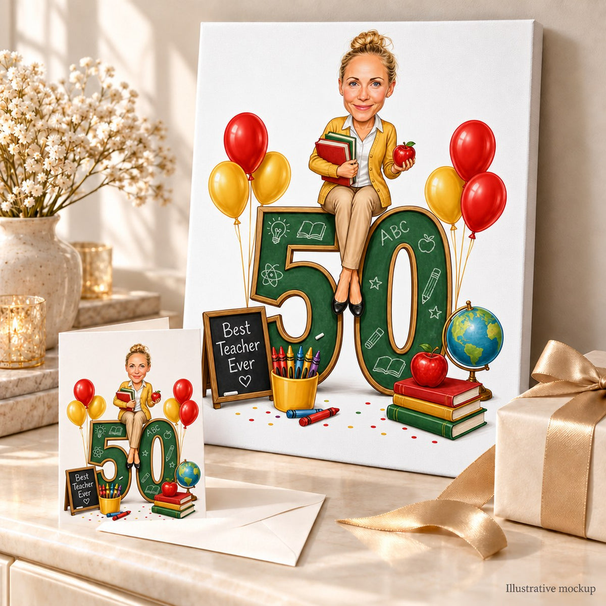Teacher birthday caricature on canvas and 5x7 card with ribbon and confetti.
