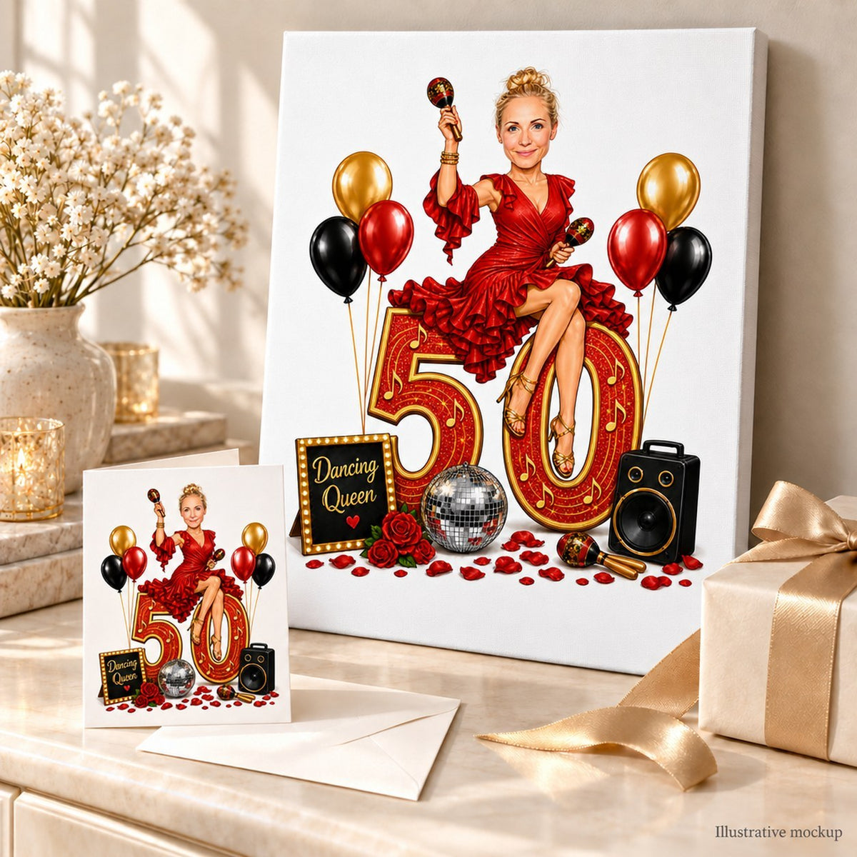 Canvas and greeting card showing dancer caricature with maracas, red dress, and party balloons.