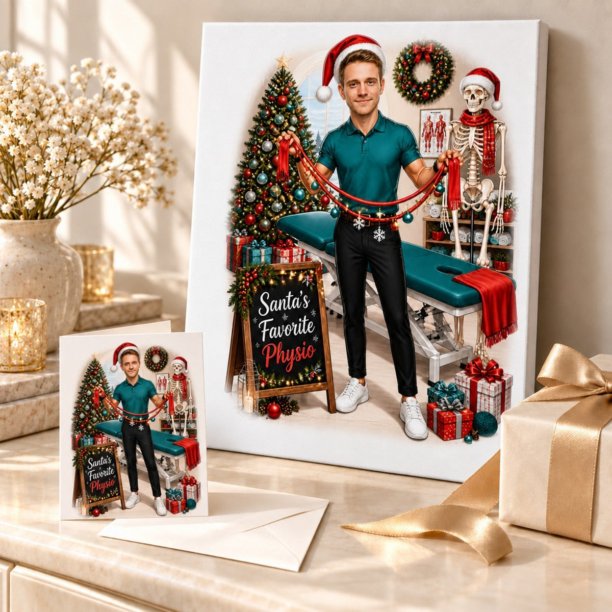 Physio Christmas caricature on canvas and 5x7 card beside wrapped holiday gifts.