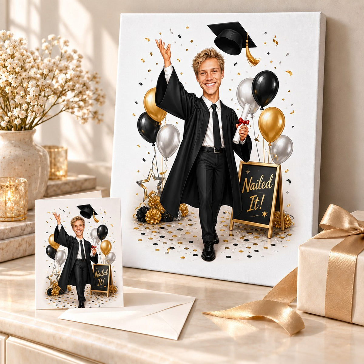 Graduation caricature shown on canvas and greeting card arranged as a gift