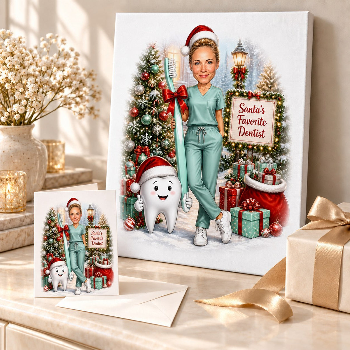 Dentist Christmas caricature on stretched canvas and 5x7 card beside wrapped presents.