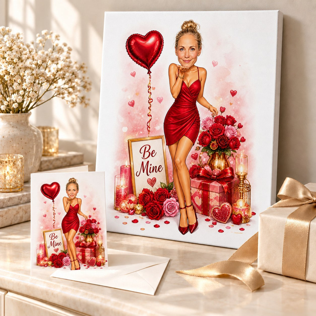 Valentine caricature on canvas and 5x7 card with roses and candles.