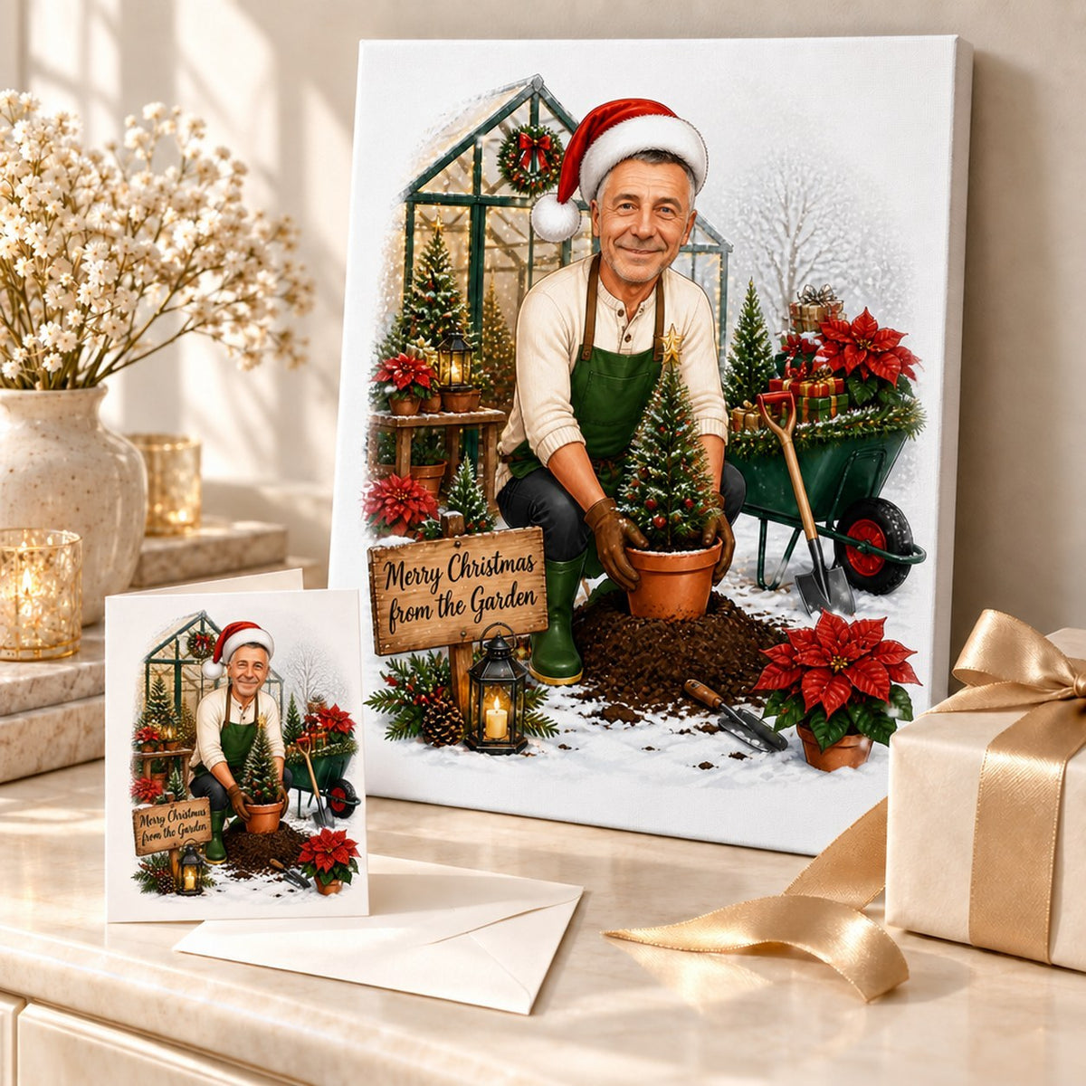Canvas and 5x7 card of gardening Christmas caricature shown with ribbon and pinecones.