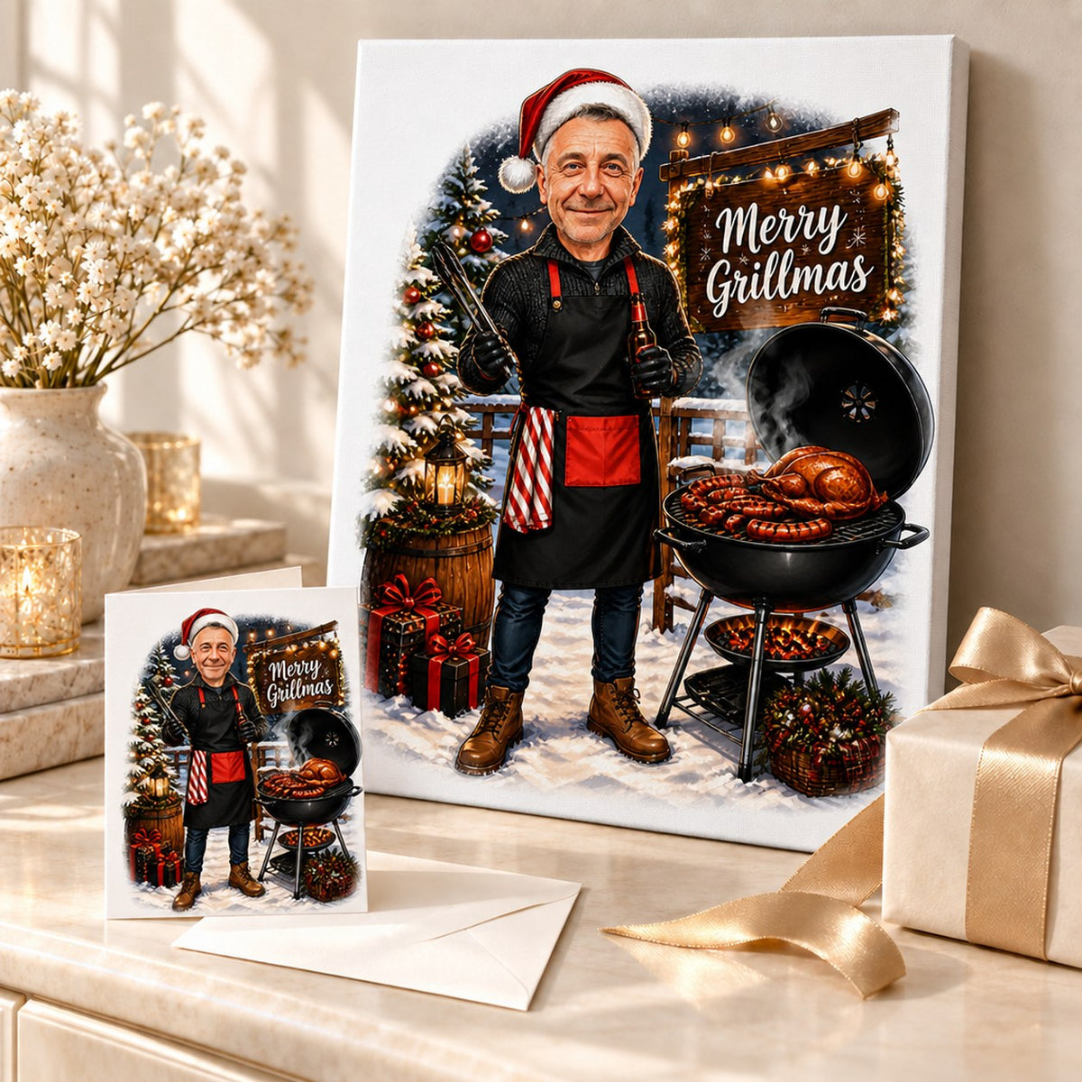 Merry Grillmas BBQ caricature printed on canvas and 5x7 greeting card with holiday wrapping.